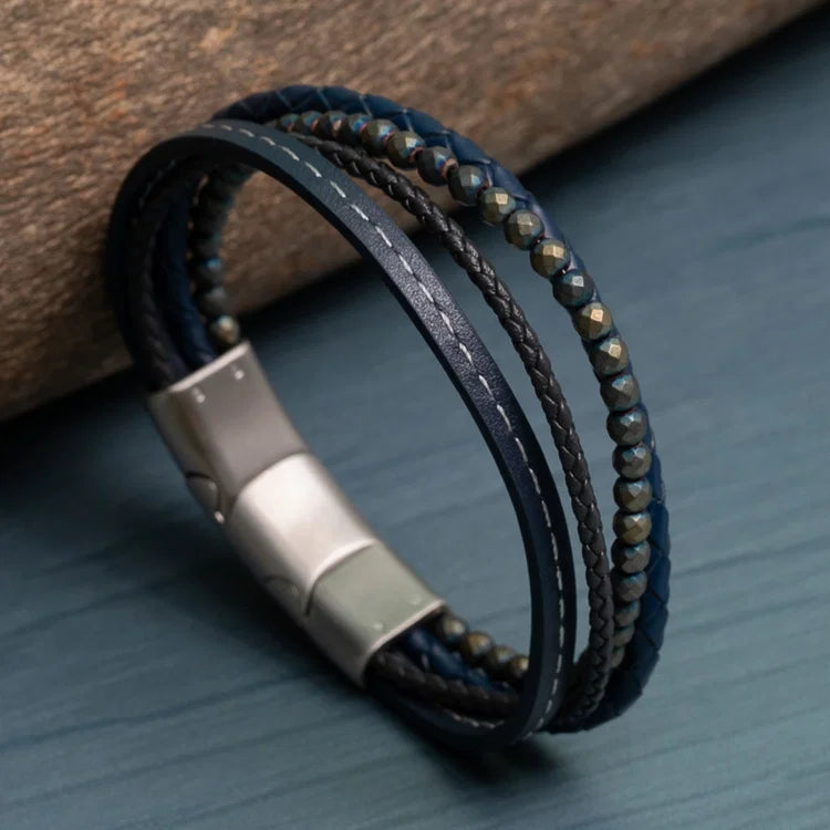 Jacques Lemans Leather Bracelet with Hematite Pearls