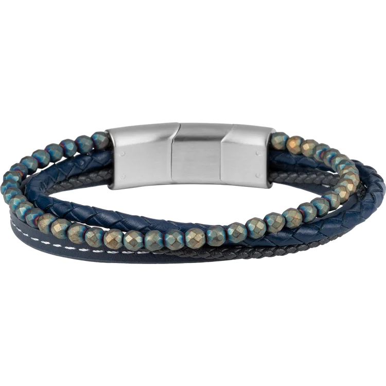 Jacques Lemans Leather Bracelet with Hematite Pearls