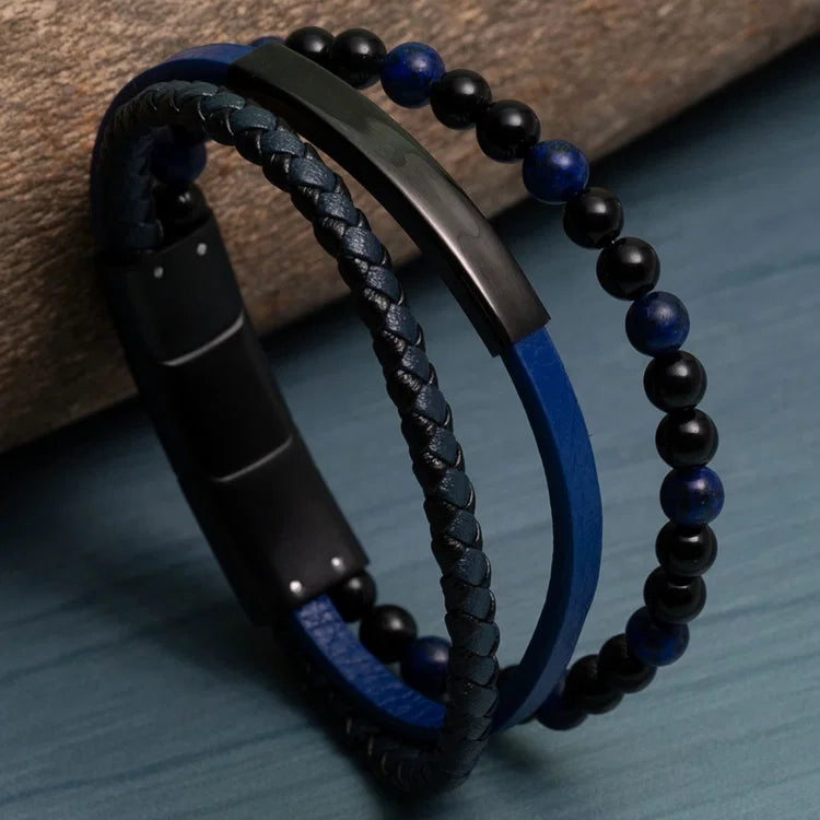 Jacques Lemans Leather Bracelet with Onyx/Lapislazuli Pearls